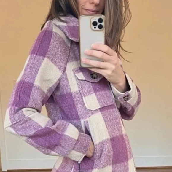 Avec Les Filles Felted Plaid Check Zip Shacket Shirt Jacket Purple Cream Small - Picture 2 of 7